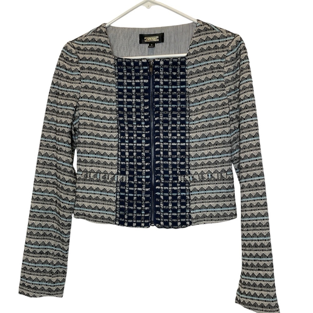 Greylin Crop Jacket Embroidered Zip Front Geometric Print Pockets Size Small